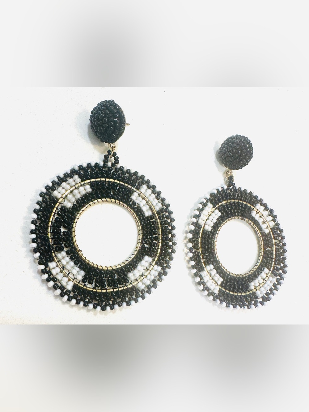 Black White Beaded Statement Earrings Oversized Boho Hoop Dangle